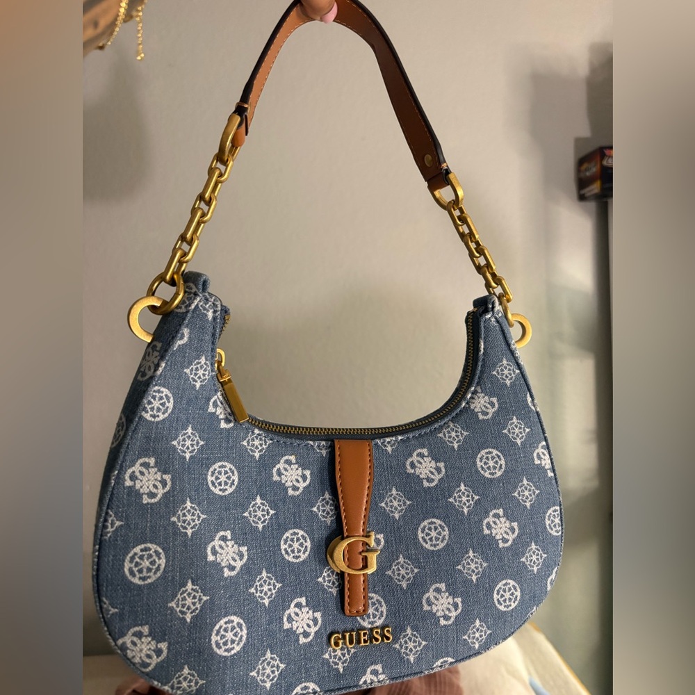 Guess Blue and Brown Shoulder Bag with Gold Accents